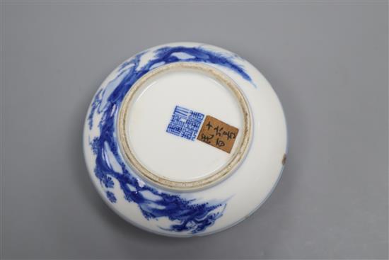 A Chinese blue and white circular seal paste box, Qianlong six character seal mark and probably of the period (1736-95), cover restored